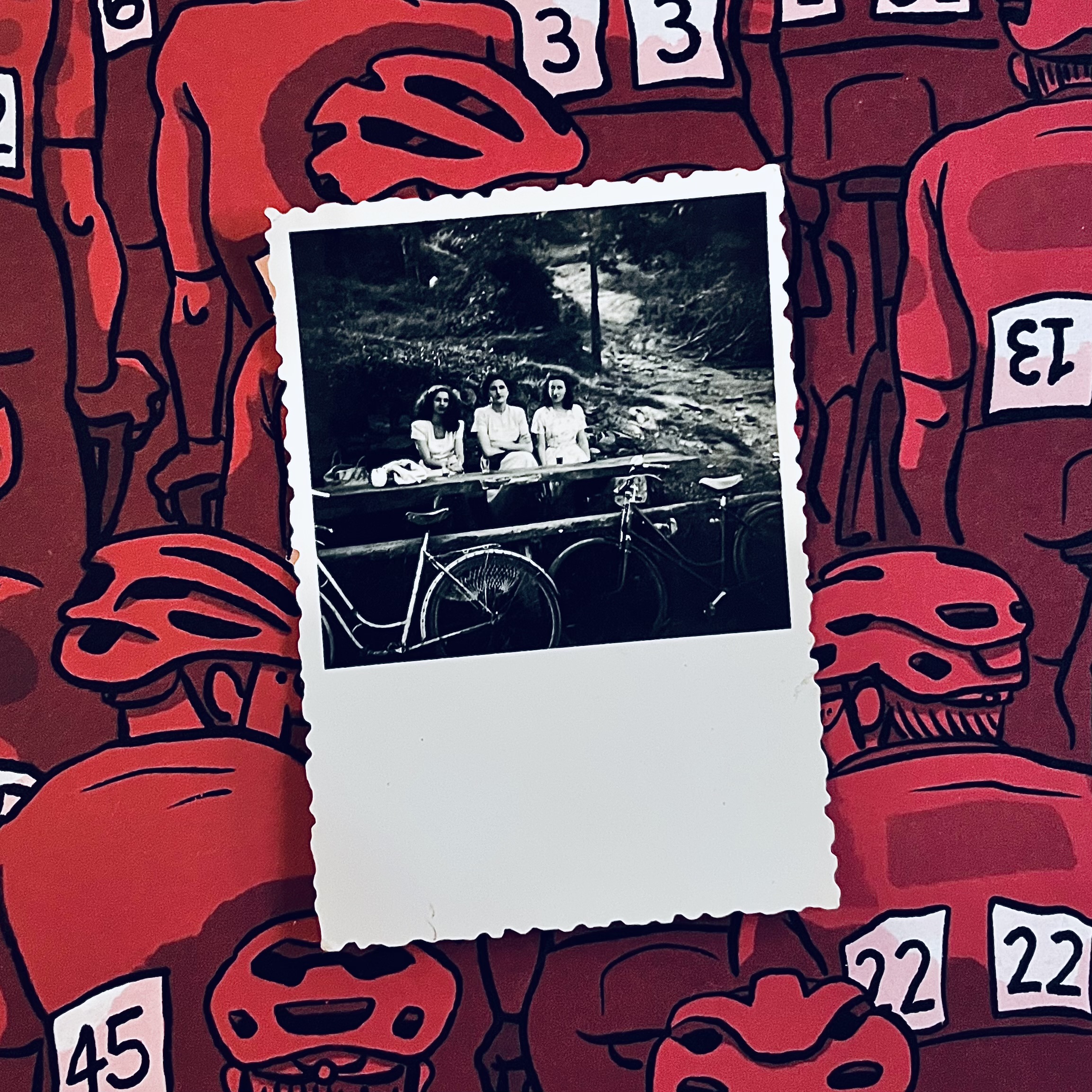 Unas chicas en una especie de parque, descansando. Se puede ver dos bicicletas aparcadas